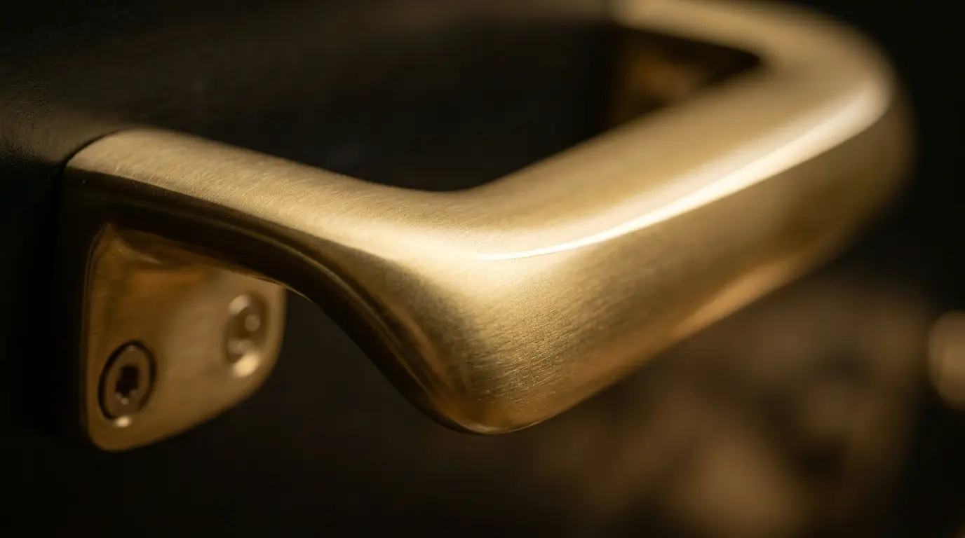 Close-up macro shot of a gold cabinet handle showing the microscopic smooth texture of the EcoLuxe PVD coating.