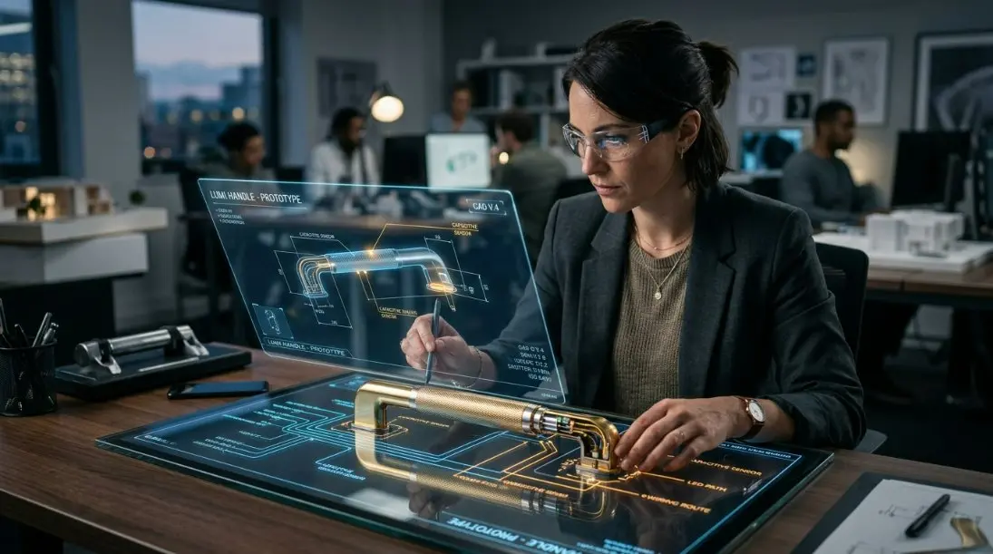 An engineer using a digital interface to design smart gold cabinet handles with technical overlays of wiring and light paths.