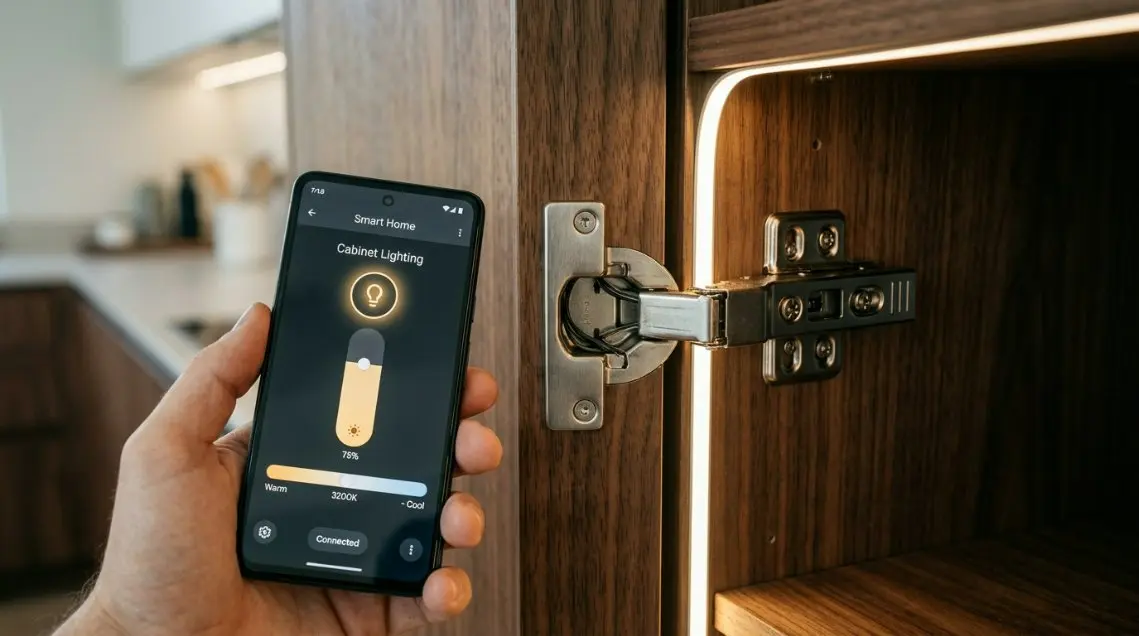 Technical diagram or close-up of a smart cabinet hinge and integrated LED strip controlled by a mobile app.