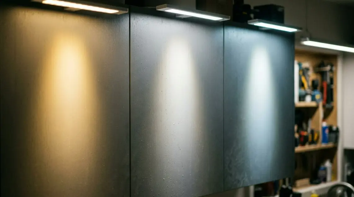 Side-by-side comparison of different LED light temperatures reflecting on a gray cabinet surface.