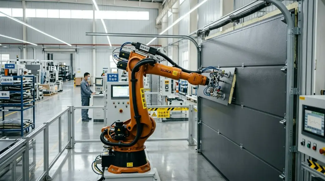 Modern factory floor in China with high-tech automated machinery assembling premium gray overhead doors, showing robotic arms and clean manufacturing conditions.