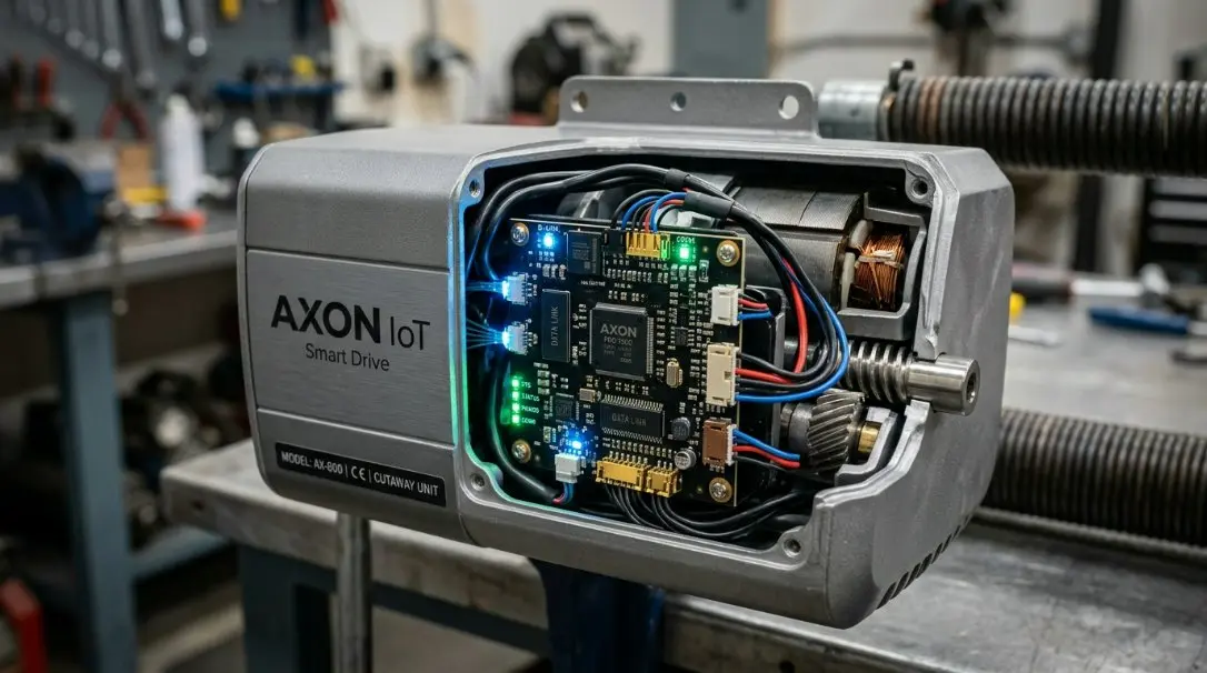 Technical close-up diagram of a sleek gray overhead door motor showing integrated IoT circuit boards and glowing indicator lights showing digital diagnostic connections.