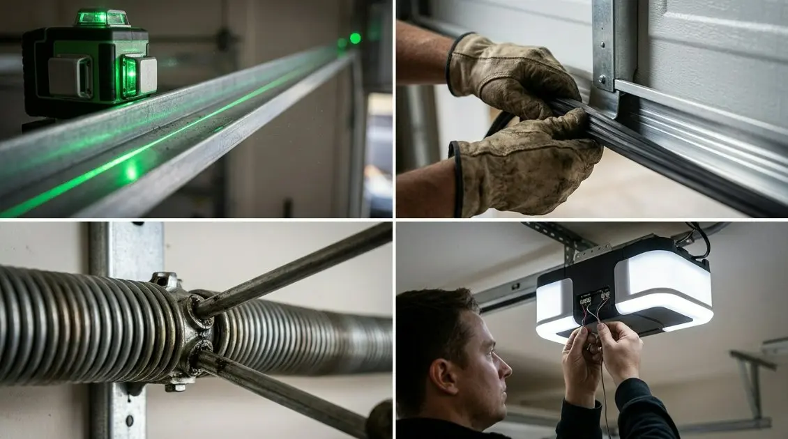 A multi-panel step-by-step schematic diagram showing overhead door installation: laser leveling, sliding in rubber weatherstripping, adjusting a torsion spring with winding bars, and connecting a smart motor with LED strips.