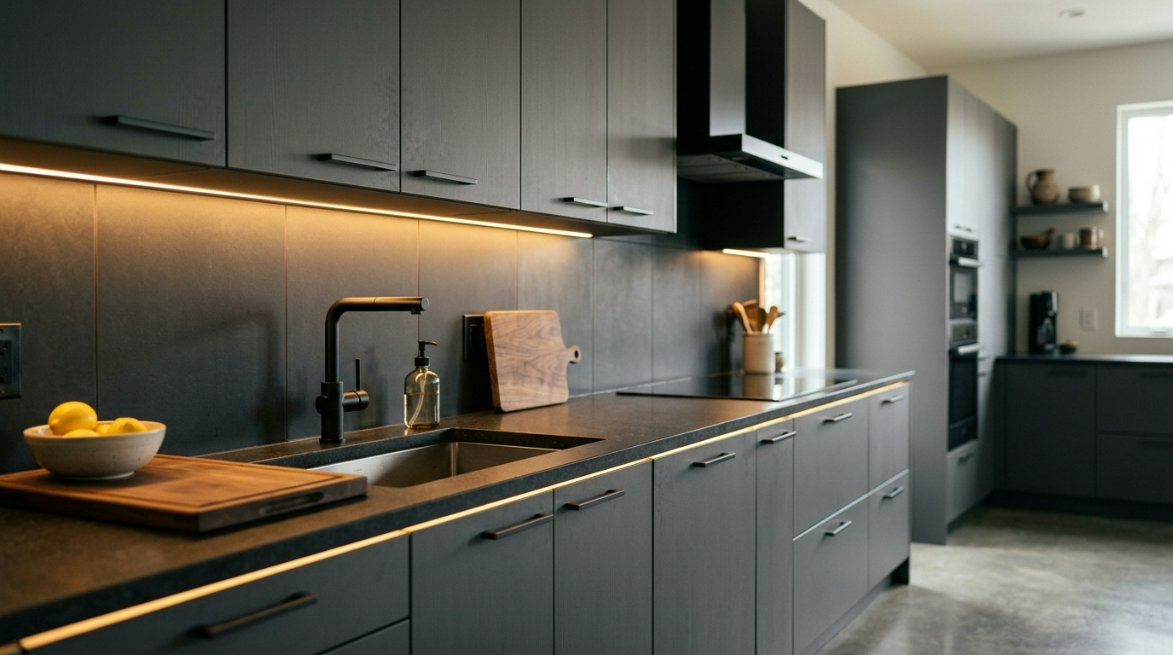 A modern kitchen design with sleek gray cabinets, matte gray hardware, and warm ambient backlighting showing perfect color harmony.