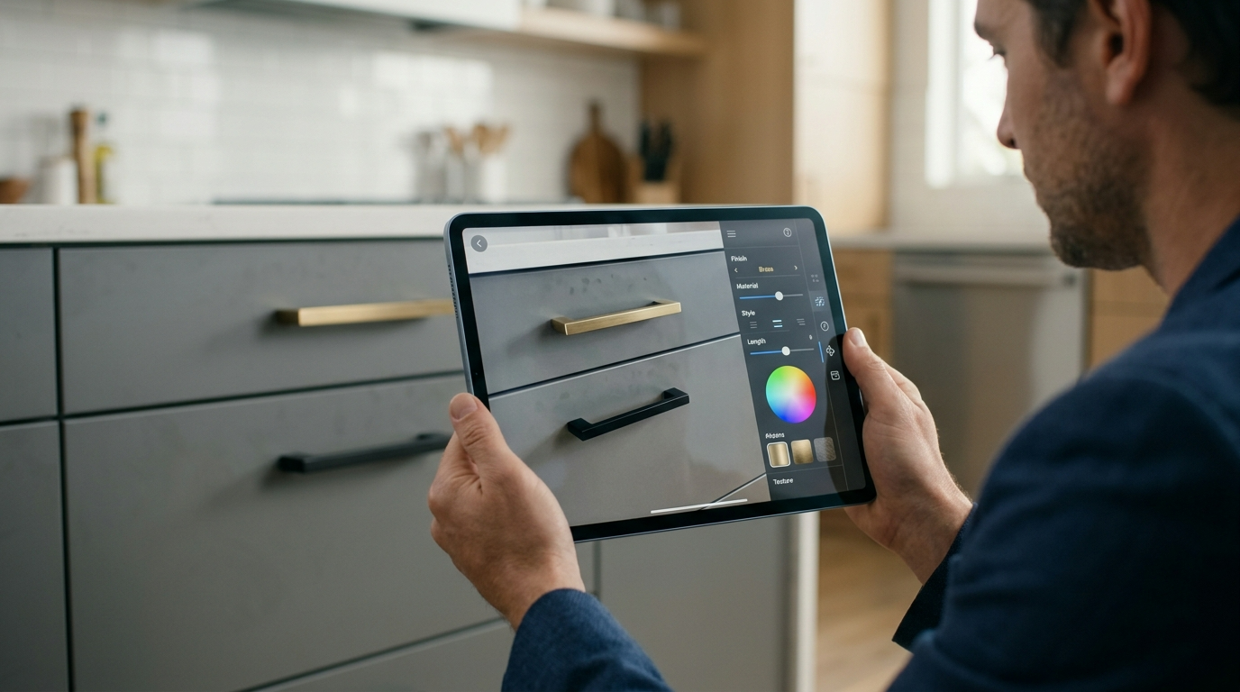 A designer using a mobile tablet with an augmented reality application to mock up and customize metallic handles on gray kitchen drawers.