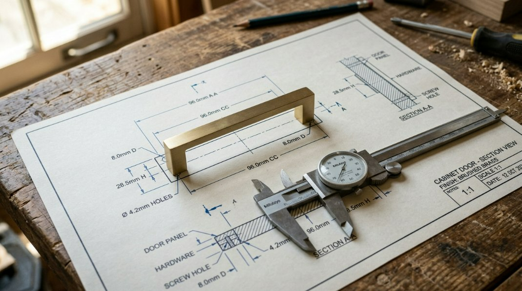 A close-up diagram showing precise architectural blueprint measurements for installing cabinet hardware with millimetric accuracy.